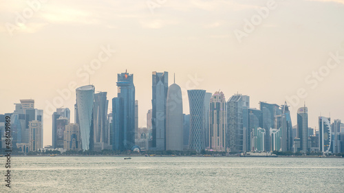 The skyline of Doha city center during evening, Qatar