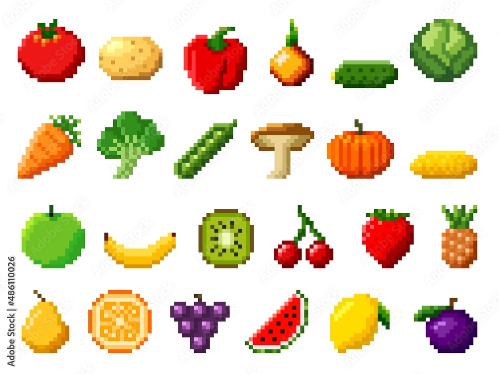 A set of isolated fruits in Pixel Art.