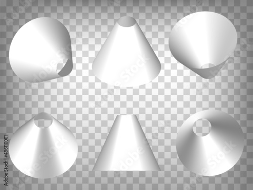 Set of perspective projections 3d truncated cones model icons on transparent background.  3d hollow truncated cone.  Abstract concept of graphic elements for your web site design, app, UI. EPS 10