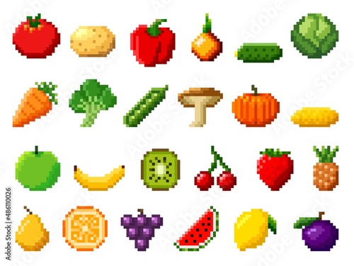 Retro pixel art food isolated icons with 8bit pixel fruits and vegetables. Vintage 8 bit console game asset, computer arcade vector items set with berries, mushroom, farm veggies and exotic fruits