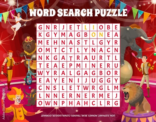 Word puzzle game worksheet with circus cartoon performers and animals on stage. Kids word search crossword vector puzzle, children logical riddle, educational game with words in letters find task