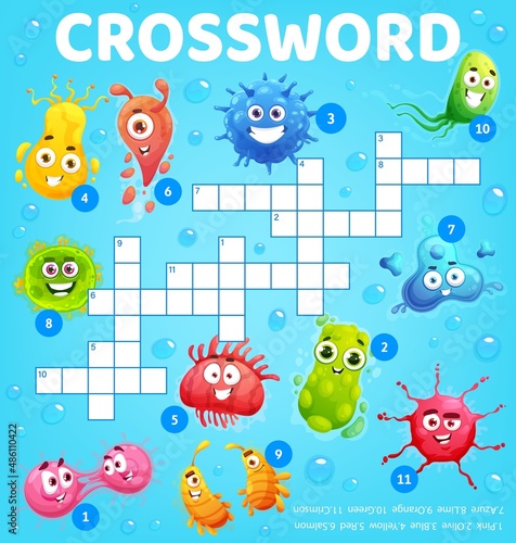 Cartoon microbe, virus, germ and pathogen characters crossword worksheet, find a word quiz game. Vector search puzzle for children educational, recreational or learning activity. Crossword test