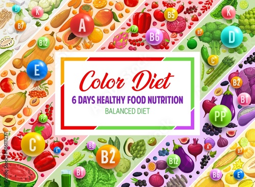 Healthy food nutrition, color rainbow diet banner with vitamins and minerals. Rainbow color diet, healthy nutrition dieting system or plan vector background with fresh vegetables, fruits and berries