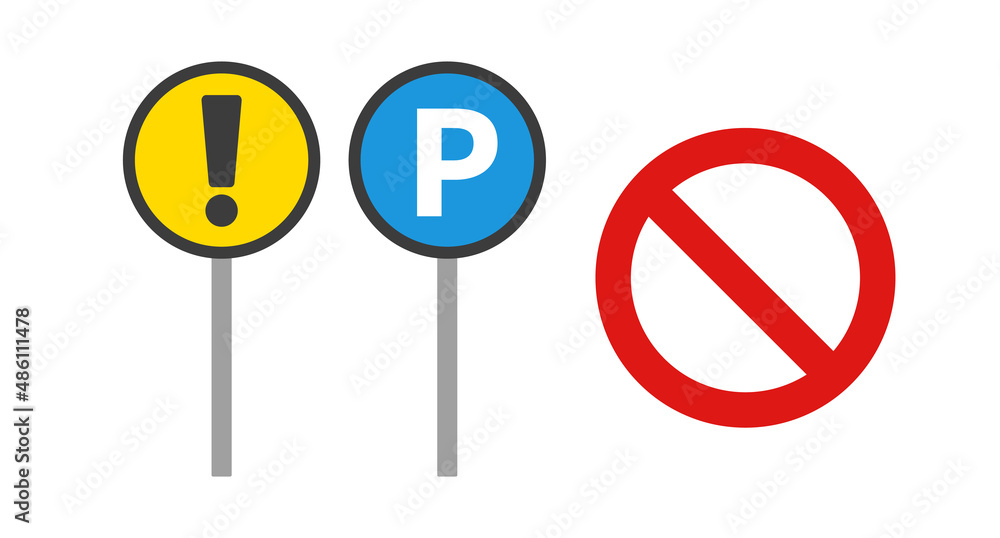 Caution and parking sign pole, stop sign icon set. Vector. Caution and parking sign pole, stop sign icon set. Vector.
