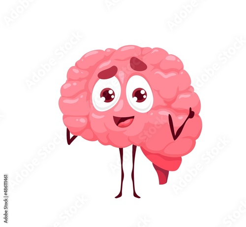 Human funny cartoon brain character, cute vector personage with happy face. Isolated smiling marrow gladness emotion. Anatomy medicine, intellect, creative idea positive friendly pericranium personage
