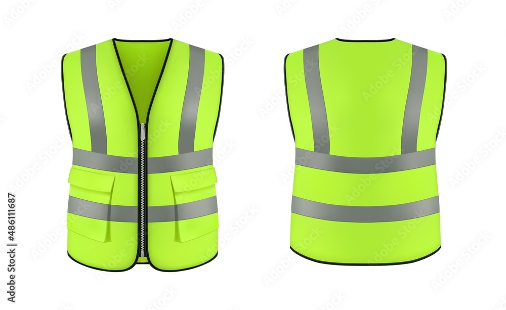 Vecteur Stock Isolated safety vest jacket security and worker uniform wear. Realistic vector mockup of high visibility clothing 3d fluorescent green safety waistcoat with reflective stripes workwear A...