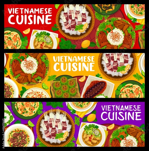 Vietnamese cuisine meals horizontal banners. Grilled quails, seafood udon noodles, beef and shrimp soups, stuffed bitter melon, bacon wrapped enoki mushrooms and sea cucumber, stir fried frog legs