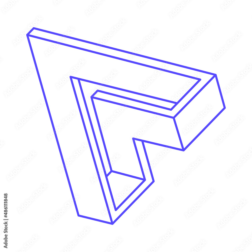 Impossible shape. Sacred geometry figures. Optical illusion logo in trendy 2022 Very Peri color. Impossible endless outline tattoo. Optical art. Impossible geometry shape on a white background.