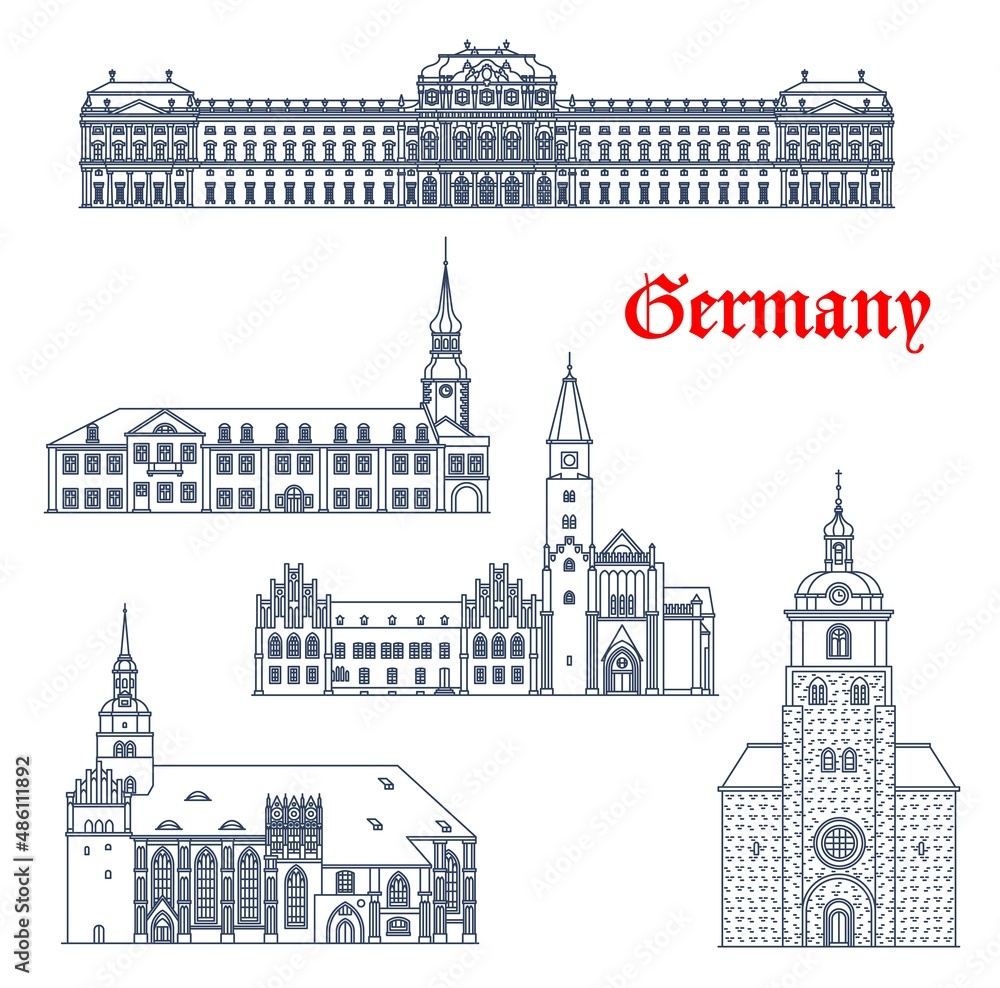 Fototapeta premium German cathedrals and churches in Brandenburg and Wurzburg, vector architecture buildings. Germany Saint Catherine church and Gotthardtkirche, Bishop Residence and Spremberg Rathaus town hall