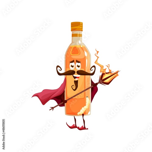 Cartoon mexican mezcal sorcerer character. Funny vector magic personage, traditional alcohol drink bottle of Mexico in worm inside wear cape with staff in hands. Wizard or magician bottle