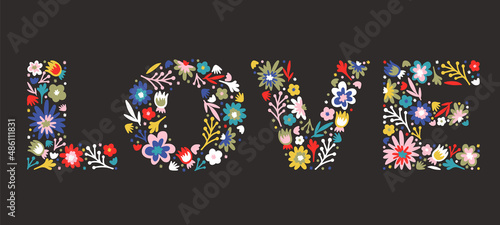 Love - Word Love of doodle flowers and leaves. Hippie word LOVE. Isolated