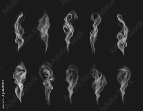 Cigarette smoke or steam realistic vector effect of white haze, mist, fog or marijuana vapor fume on black background. 3d transparent clouds, wave flows and smooth streams of cigarette or hookah smoke