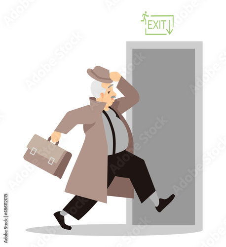 Running away from paparazzi semi flat RGB color vector illustration. Mass media occupation. Old man hurrying to building exit isolated cartoon character on white background