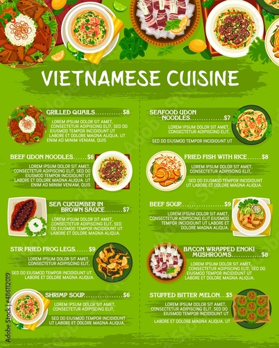 Vietnamese cuisine restaurant menu template. Sea cucumber in brown sauce, bacon wrapped enoki and udon noodles, grilled quails and fried fish with rice, stuffed bitter melon, shrimp and beef soups