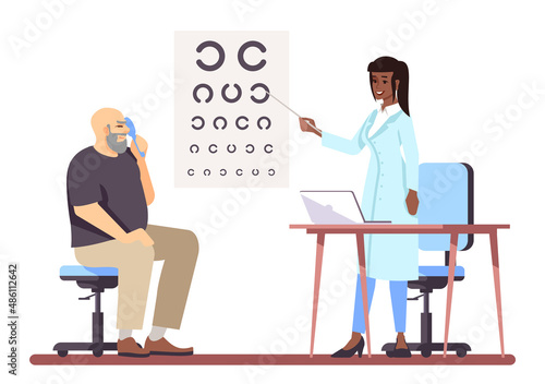 Vision test semi flat RGB color vector illustration. Visiting ophthalmologist for regular eye exam isolated cartoon characters on white background photo