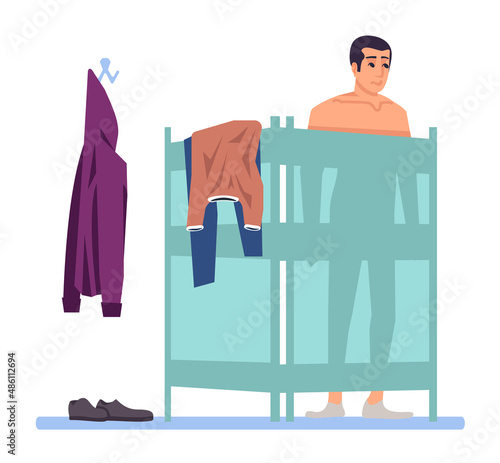 Preparation for medical exam semi flat RGB color vector illustration. Man undressing at doctor office isolated cartoon character on white background