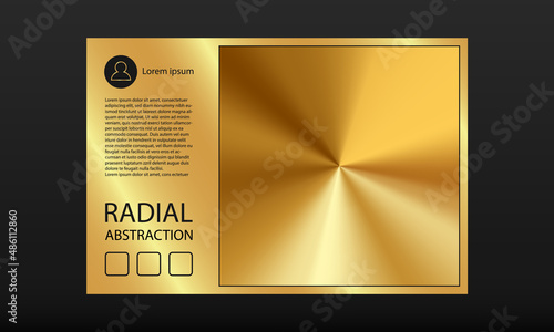 Golden banner template with Gold radial gradient background. Vector metallic radial gradient background in gold frame with text template for social post design.