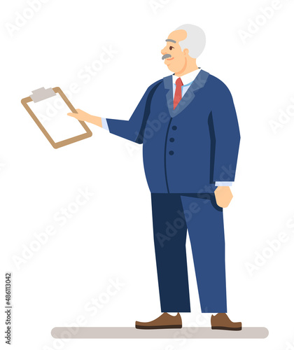 Managing director semi flat RGB color vector illustration. Middle aged business manager with tablet isolated cartoon character on white background