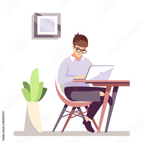 Working in comfortable office space semi flat RGB color vector illustration. Young man sitting with laptop isolated cartoon character on white background
