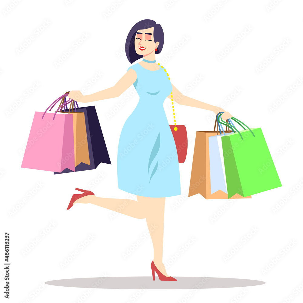 Feeling delighted after shopping day semi flat RGB color vector illustration. Happy beautiful lady isolated cartoon character on white background