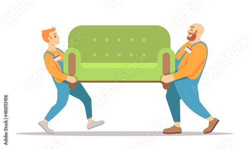 Household goods delivery semi flat RGB color vector illustration. Furniture movers holding green couch isolated cartoon characters on white background