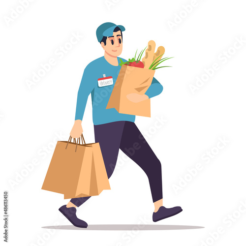 Delivering products from supermarket semi flat RGB color vector illustration. Courier isolated cartoon character on white background