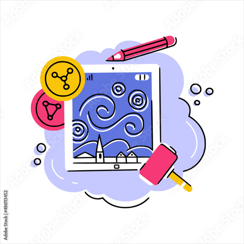 Concept illustration of NFT art as famous painting on tablet with crypto coins, pencil and auction hammer. Good for stickers, articles, web and apps.
