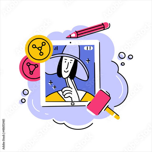 Concept illustration of NFT art as famous painting on tablet with crypto coins, pencil and auction hammer. Good for stickers, articles, web and apps.
