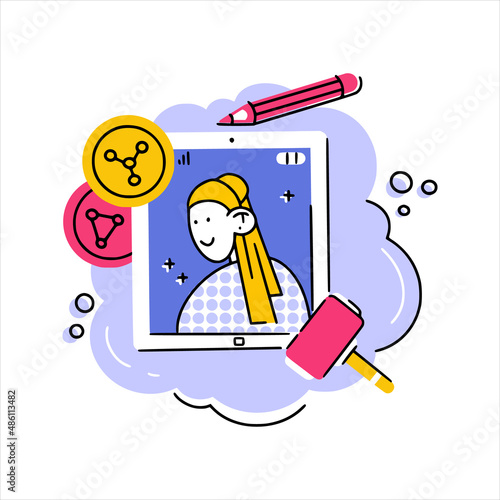 Concept illustration of NFT art as famous painting on tablet with crypto coins, pencil and auction hammer. Good for stickers, articles, web and apps.