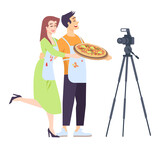 Cooking together semi flat RGB color vector illustration. Happy couple showing pizza on camera isolated cartoon characters on white background