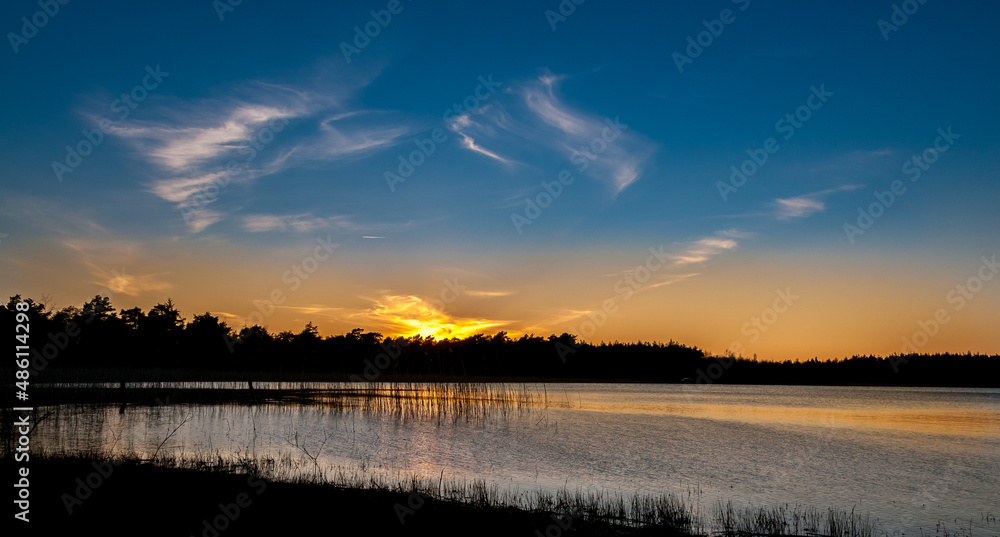 Lovely evening by lakes at sunset.

