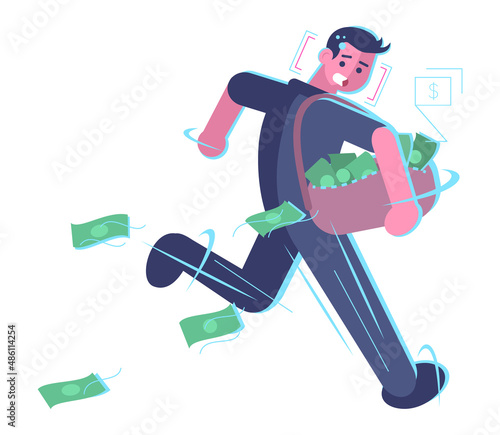 Identifying thief using artificial intelligence semi flat RGB color vector illustration. Robber with money isolated cartoon character on white background