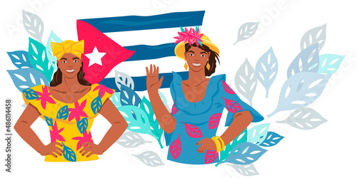 Welcome to Cuba Travel poster concept with pretty young cuban women at national flag backdrop, flat vector illustration isolated on white background.