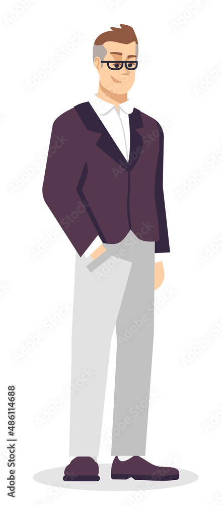 Mature employee wearing glasses semi flat RGB color vector illustration. Middle aged man standing in confident pose isolated cartoon character on white background Mature employee wearing glasses semi flat RGB color vector illustration. Middle aged man standing in confident pose isolated cartoon character on white background