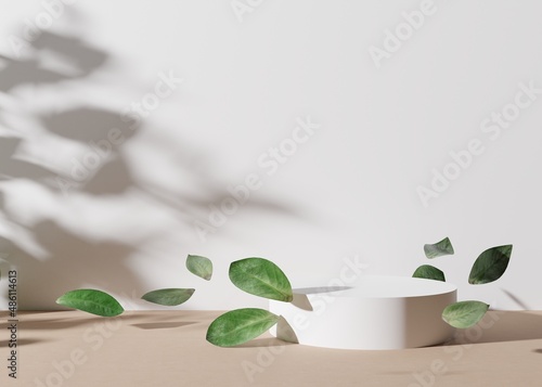 White round podium with leaves, flying in the air, on white background. Natural podium for product, cosmetic presentation. Mock up. Pedestal or platform for beauty products. Empty scene. 3D rendering.