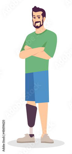 Athlete semi flat RGB color vector illustration. Smiling man with prosthetic leg isolated cartoon character on white background