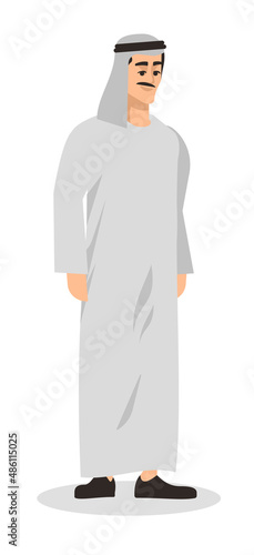 Wearing traditional white robe semi flat RGB color vector illustration. Mustached man isolated cartoon character on white background