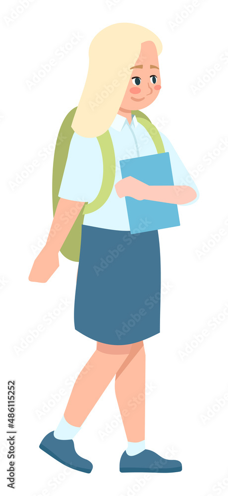 Back to study semi flat RGB color vector illustration. Blond schoolgirl in school uniform isolated cartoon character on white background
