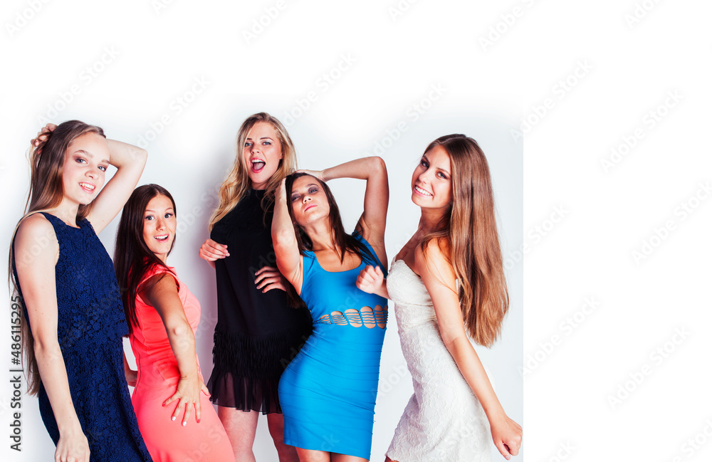 group of many cool modern girls friends in bright clothers together having fun isolated on white background, happy smiling lifestyle people concept group of many cool modern girls friends in bright clothers together having fun isolated on white background, happy smiling lifestyle people concept