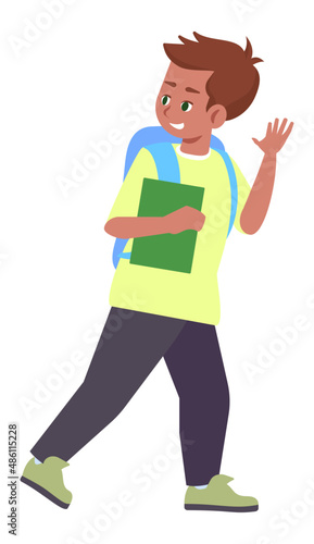 Smiling schoolchild with homework semi flat RGB color vector illustration. Schoolboy with notebook waving goodbye isolated cartoon character on white background