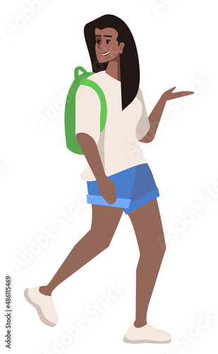 Going to college in summer semi flat RGB color vector illustration. Smiling female student with green backpack isolated cartoon character on white background
