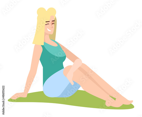 Relaxing in park semi flat RGB color vector illustration. Smiling blond girl isolated cartoon character on white background