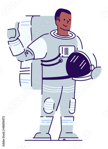 Space tourist semi flat RGB color vector illustration. Male astronaut holding helmet and showing thumb up isolated cartoon character on white background