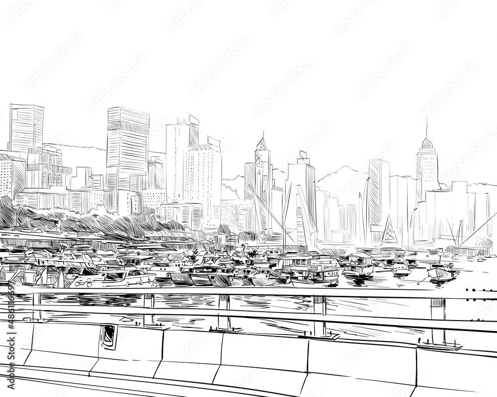 Hong Kong. China. Urban sketch. Hand drawn city, vector illustration