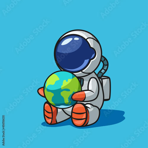 cartoon style sitting astronaut holding planet earth