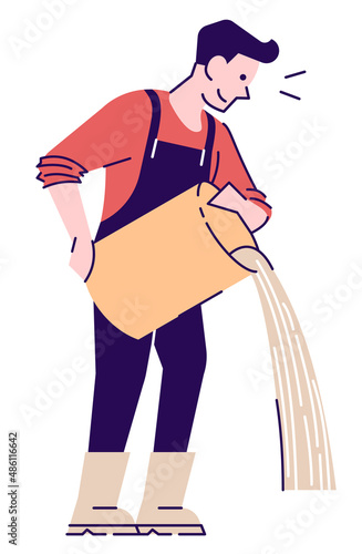 Care about soil health semi flat RGB color vector illustration. Male farmer pouring fertilizer in soil isolated cartoon character on white background