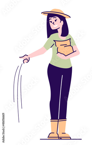 Smiling agriculturist semi flat RGB color vector illustration. Female gardener scattering seeds isolated cartoon character on white background