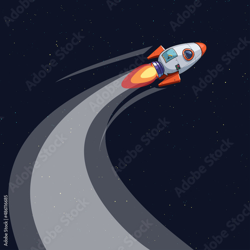 cartoon style space rocket flying in space