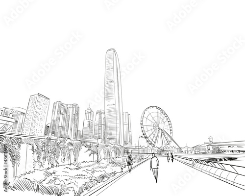 Hong Kong. China. Urban sketch. Hand drawn city, vector illustration