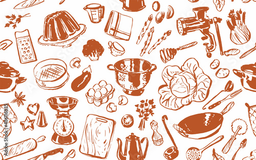 Kitchen equipment background, cookbook seamless pattern, culinary tools and supplies, illustration for cook book backgrounds, cards, posters, banners, textile prints, web design
